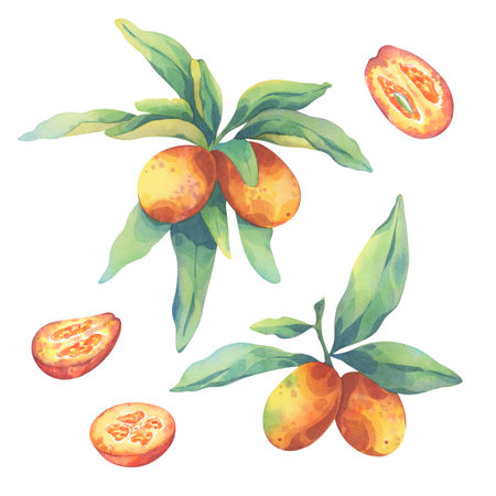 Set of watercolor illustrations of kumquats. Ripe orange fruit with fresh green leaves on white background. Cut fruits. Trendy design for packaging. Hand drawn citrus for printing on cards, fabric.の写真素材
