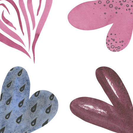 Frame of watercolor hearts. Hand painted symbols on white background. Texture Valentines Day signs. Pink and blue. Retro stile. Illustration for designの写真素材