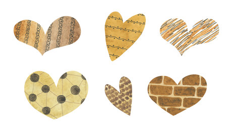Set of watercolor hearts. Yellow and brown colors. Hand drawn symbols for Valentines Day for design. Unique handcrafted images. Retro style. Paper textureの写真素材