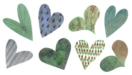 Set of watercolor hearts. Green and blue colors. Hand drawn symbols for Valentines Day for design. Unique handcrafted images. Retro style. Paper textureの写真素材