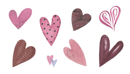 Set of watercolor hearts. Pink and burgundy colors. Hand drawn symbols for Valentines Day for design. Retro style. Paper textureの写真素材