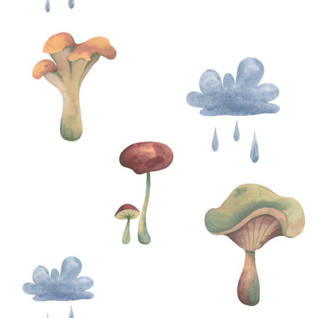 Autumn pattern with leaves and clouds. Watercolor hand painted illustration with colored pencil texture. Gentle autumn vibe. Trendy muted color design for packaging, decorの写真素材