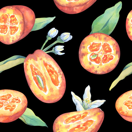 Qumquat seamless pattern. Watercolor botanical illustration. Fruit in section with leaves and flowers for your design. Tasty fresh citrus for printing on cards, invitations, fabric, gift paperの写真素材