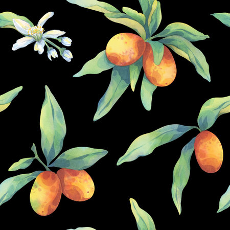 Kumquat warercolor seamless pattern. Botanical illustration of ripe orange fruits on black background. Fresh green leaves and flowers. Bright hand drawn composition for your designの写真素材