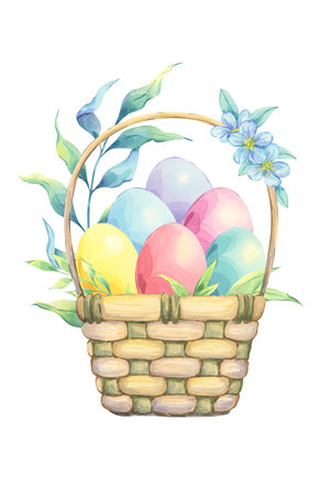 Watercolor easter basket with colored eggs isolated on white background. Decorated with fresh green branches. Composition for spring design, card making, textile, scrapbookingの写真素材