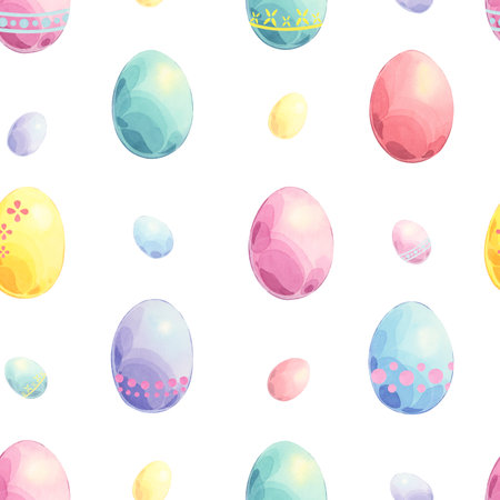 Happy easter hand drawn seamless pattern of colored eggs. Festive watercolor illustration on white background. Cute ornament for wrapping, textile and spring designの写真素材