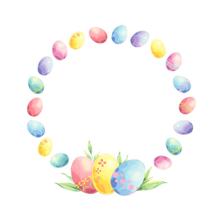 Watercolor easter round frame of colored eggs isolated on white background. Hand drawn spring wreath with fresh green leaves. Perfect for invitations and greeting cardsの写真素材