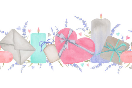 Watercolor seamless border for Valentines day. Hand drawn illustration of candles, gift boxes, envelope and lavender sprigs. Muted tones. Vintage styleの写真素材
