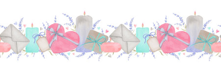 Watercolor seamless border for Valentines day. Hand drawn illustration of candles, gift boxes, envelope and lavender sprigs. Muted tones. Vintage styleの写真素材