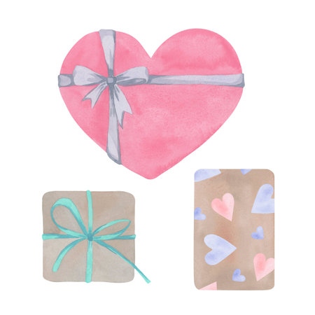 Set of watercolor Valentines Day gift boxes. Hand drawn illustrations. Heart shaped box. Isolated elements for design. Muted colorsの写真素材