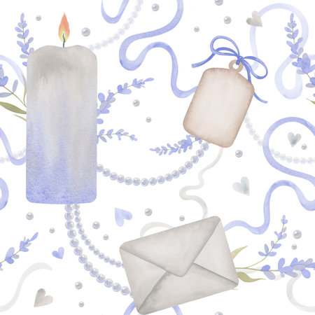 Watercolor seamless pattern for Valentineâs Day. Hand drawn illustration with candle, envelop, gifttag, lavender, pearl strings and ribbons. Muted colors. Ideal solution for gift wrappingの写真素材
