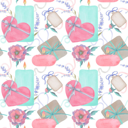 Watercolor seamless pattern for Valentine's Day. Hand drawn illustration with candle, gift boxes, gifttag, peony, lavender, and ribbons. Vintage style. Ideal solution for gift wrapping.の写真素材