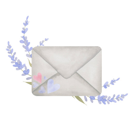 Watercolor composition of envelope with hearts and lavender sprigs. Isolated element for festive design, cards, greetings. Muted tones. Hand-drawn illustration in vintage style.の写真素材