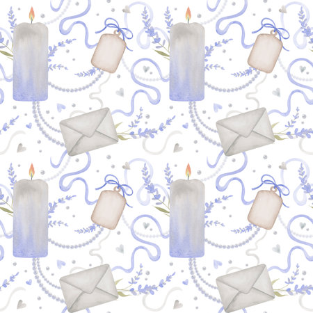 Watercolor seamless pattern for Valentine's Day. Hand drawn illustration with candle, envelop, gifttag, lavender, pearl strings and ribbons. Muted colors. Ideal solution for gift wrapping.の写真素材