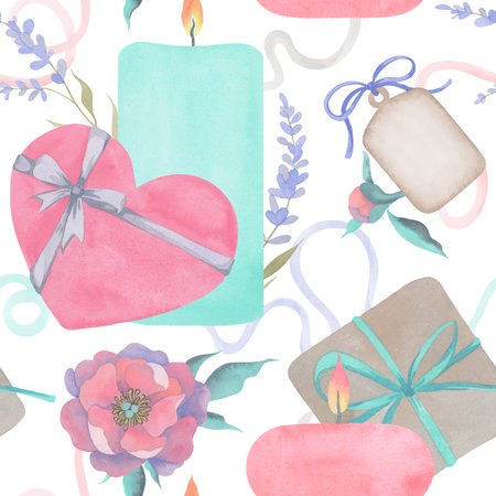 Watercolor seamless pattern for Valentine's Day. Hand drawn illustration with candle, gift boxes, gifttag, peony, lavender, and ribbons. Vintage style. Ideal solution for gift wrapping.の写真素材