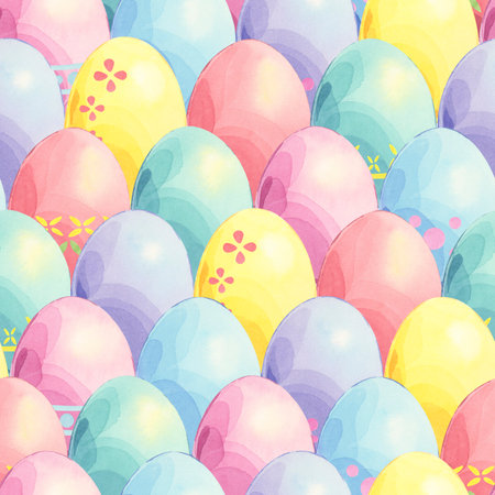 Happy easter seamless pattern of colored eggs. Festive watercolor hand drawn illustration. Cute tiled ornament for wrapping, textile, kitchen art and spring designの写真素材