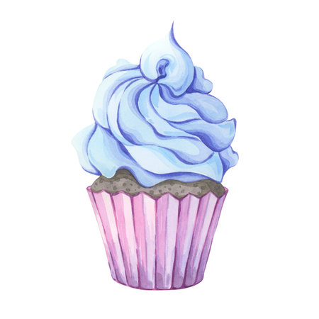 Watercolor illustration of a chocolate cupcake topped with light blue frosting. Detailed and vibrant, great for baker branding, dessert art, or creative food-themed designsの写真素材