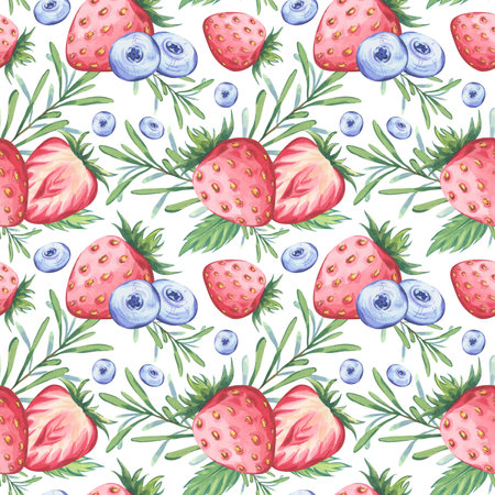 Seamless watercolor pattern featuring strawberries, blueberries, mint leaves and rosemary sprigs. Perfect for botanical inspired designs, fabric prints, eco-friendly packaging, refreshing summer decorの写真素材