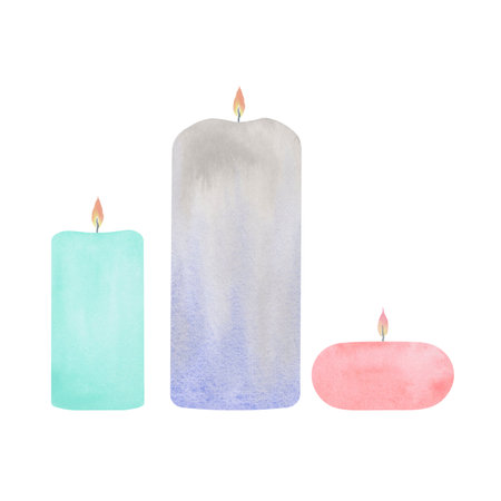 Set of illustrations of candles made in watercolor technique. Isolated elements in pastel colors for design. Painterly watercolor textureの写真素材
