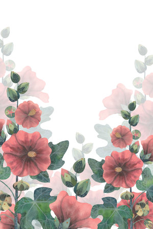 Stylized flower. Lush green leaves, beautiful pink flowers. Hand-painted watercolor rectangular frame. Ideal for wedding designs, prints or elegant floral compositionの写真素材