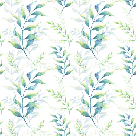 Simple watercolor seamless pattern with fresh green branches. Picturesque hand drawn illustration. Ideal for printing on fabricの写真素材