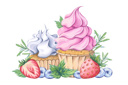 Watercolor composition of two cupcakes: one with pink frosting and the other with white frosting. Decorated with fresh strawberries, blueberries, mint leaves and rosemary sprigsの写真素材