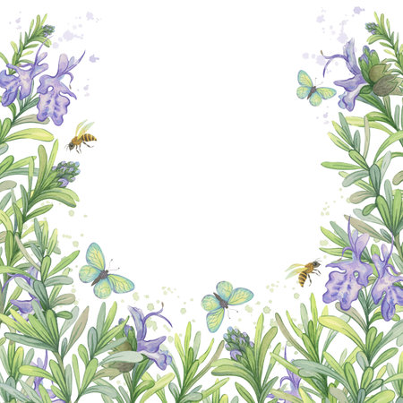 Blooming rosemary. Square watercolor frame with rosemary flowers, butterflies and beesの写真素材