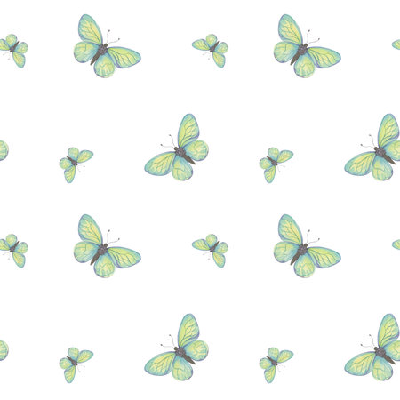 Minimalistic watercolor pattern featuring delicate butterflies on a white background. Yellow and turquoise colors. Perfect for fabric design, stationery, packaging, nature-inspired product decorationの写真素材