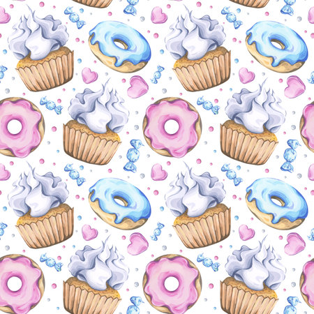 Seamless watercolor pattern with cupcakes, donuts, and candies on a white backgroundの写真素材