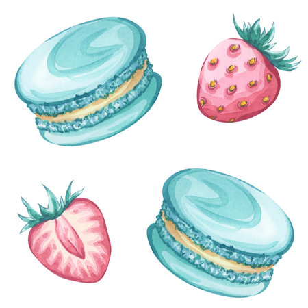 Seamless watercolor pattern with turquoise macarons and strawberries on a white backgroundの写真素材