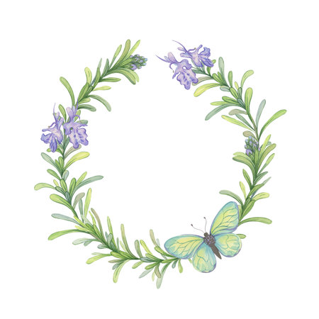 Watercolor wreath of blooming rosemary branches with a butterfly. Composition perfect for cosmetic packaging, soaps, creams, candles, greeting cards and natural product brandingの写真素材