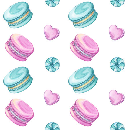 Macarons and candy, lollipops. Seamless watercolor pattern on a white backgroundの写真素材