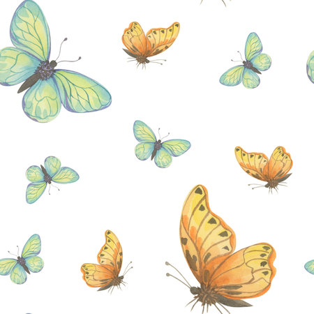 Butterflies watercolor illustration. Seamless pattern on white backgroundの写真素材