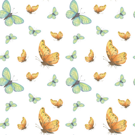 Butterflies watercolor illustration. Seamless pattern on white backgroundの写真素材