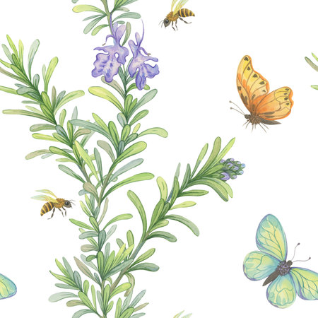 Watercolor pattern with blooming rosemary, butterflies and bees. Botanical watercolor illustrationの写真素材