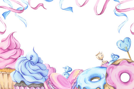 Watercolor Sweet Celebration Card - Cupcakes, Donuts, Macarons and Candyの写真素材