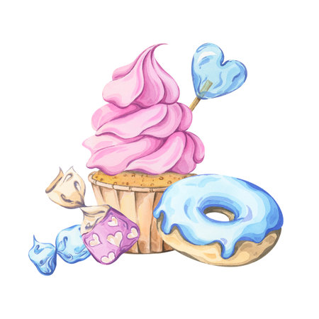 Watercolor Sweet Treats Composition - Cupcake, Donut, Candy and Lollipopの写真素材