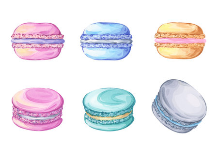 Watercolor Macarons Set - Colorful French Dessert Clipart on White Backgroundの写真素材