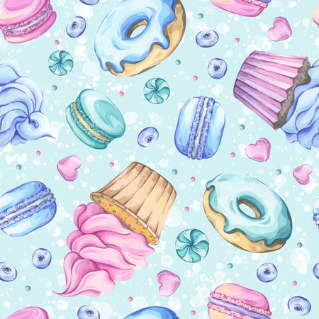 Watercolor seamless pattern with cupcakes, donuts, macarons and candiesの写真素材