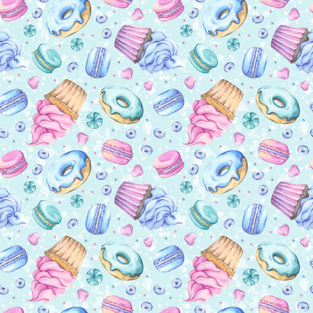 Watercolor seamless pattern with cupcakes, donuts, macarons and candies on a colored backgroundの写真素材