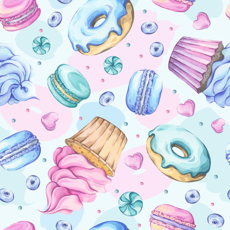 Cupcakes, donuts, macarons and candies watercolor seamless pattern on a colored backgroundの写真素材