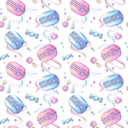 Seamless watercolor pattern with blue and pink macaroons, candies, confetti and swirling streamers. A playful design perfect for party decoration, gift wrapping and sweet-themed creative projectsの写真素材