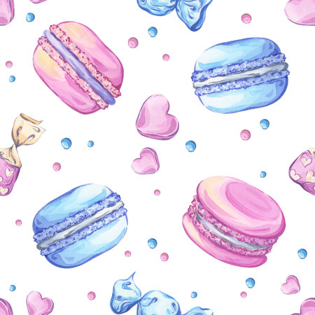 Macarons, candies and lollipops watercolor seamless patternの写真素材