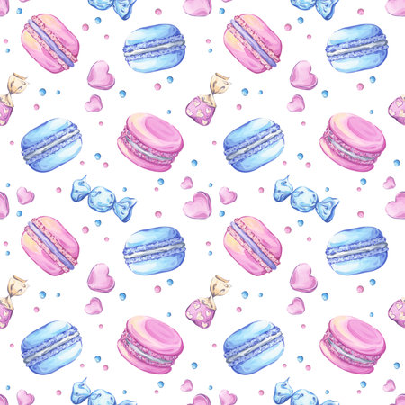 Macarons and candies in pink and blue tones. Seamless watercolor pattern with sweets on a white background. Perfect for packaging, textiles, and confectionery-themed designsの写真素材
