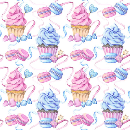 Seamless watercolor sweets pattern in blue and pinkの写真素材