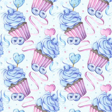 Seamless watercolor pattern with cupcakes and blueberries in blue tonesの写真素材