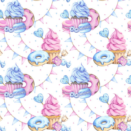 Festive watercolor pattern with sweets in blue and pink tonesの写真素材