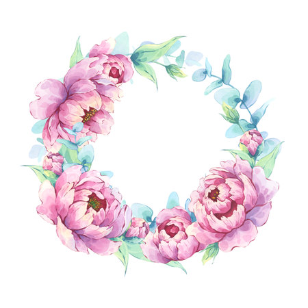 Wreath of pink peonies, buds, green leaves, and eucalyptus. Watercolor stylized illustrationの写真素材
