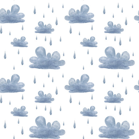 Watercolor rainy clouds seamless pattern on a white backgroundの写真素材