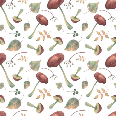 Watercolor autumn mushrooms seamless pattern on a white backgroundの写真素材